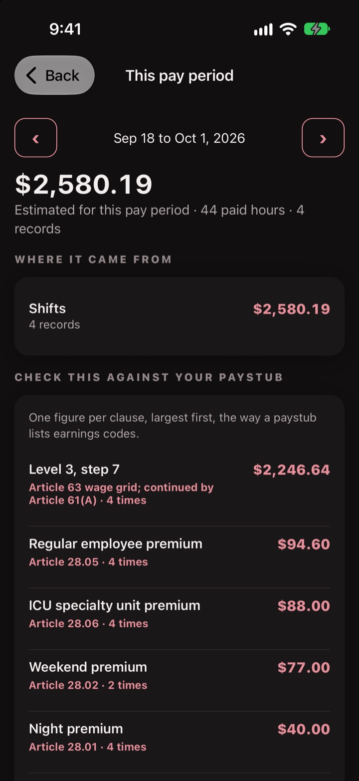 qNurse showing a pay period itemized by clause